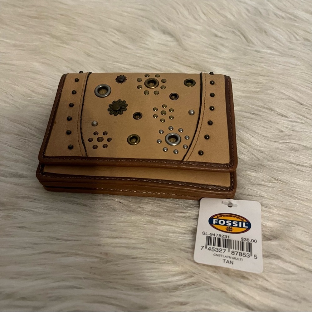 Fossil Beige and Brown Leather Wallet with Floral Studs
